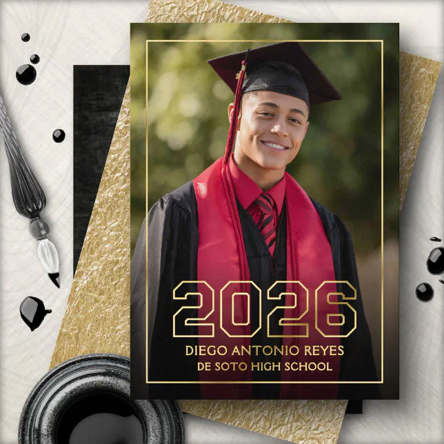 Graduation announcement featuring a large photo of the graduate with a gold foil frame and gold foil text.