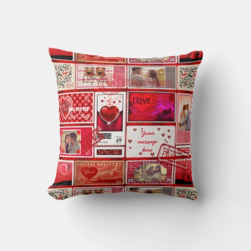 Photo Stamp Love Collage Red PSCX Throw Pillow