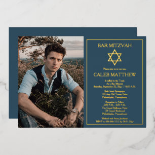 Photo Star of David Dark Blue Bar Mitzvah Foil Invitation