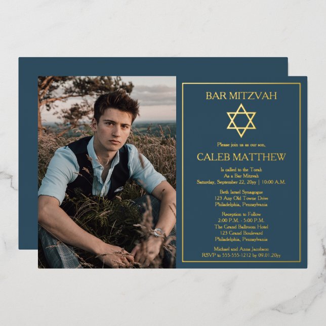 Photo | Star of David Dark Blue Bar Mitzvah  Foil Invitation (Front/Back)