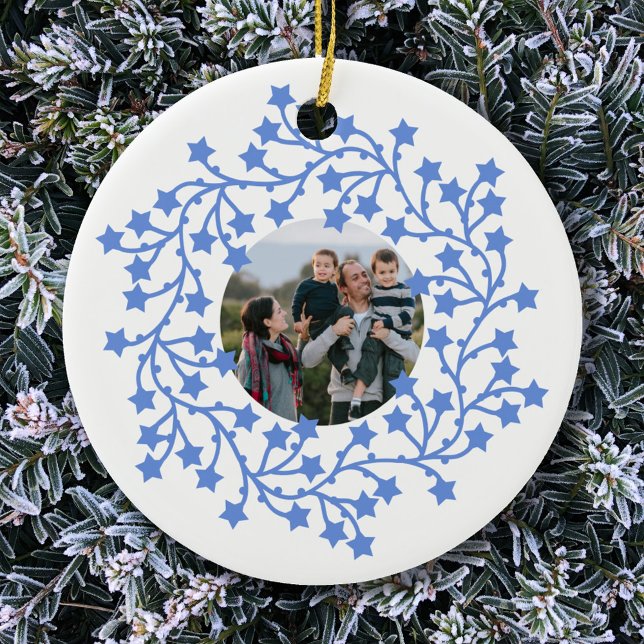 Photo Star Wreath Scandinavian Holiday Ceramic Ornament (Modern Scandinavian star wreath garland personalized photo Christmas holiday ceramic ornament)