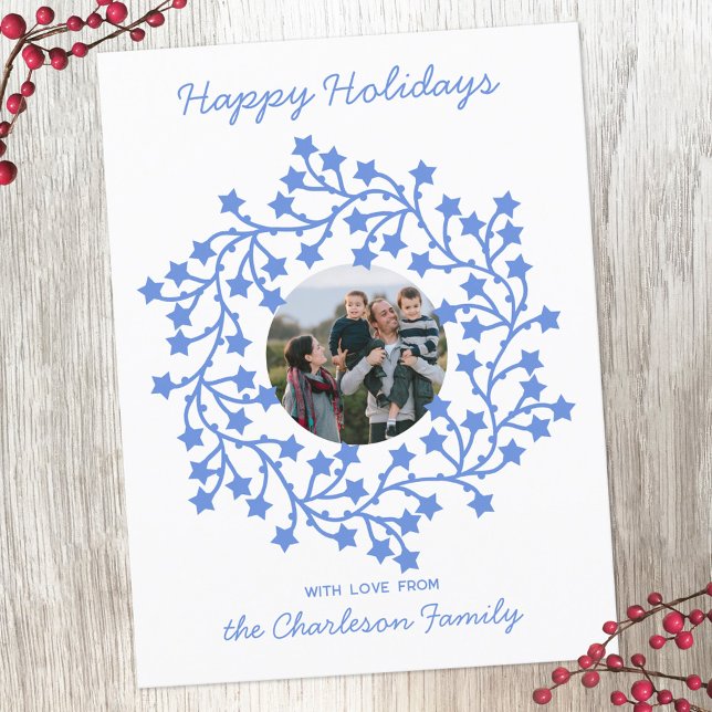 Photo Star Wreath Scandinavian Holiday Postcard (Scandinavian star wreath garland personalized photo Christmas or holiday postcard)