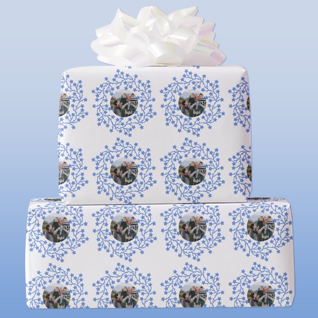 Photo Star Wreath Scandinavian Holiday Wrapping Paper (Scandinavian star wreath garland personalized photo Christmas or holiday gift wrap paper)