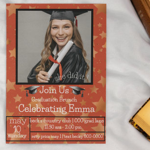 Photo Stars Red Gold Black Graduation Party Invitation