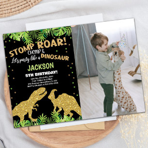 Photo Stomp Roar Glitter Dinosaur Birthday Invitation