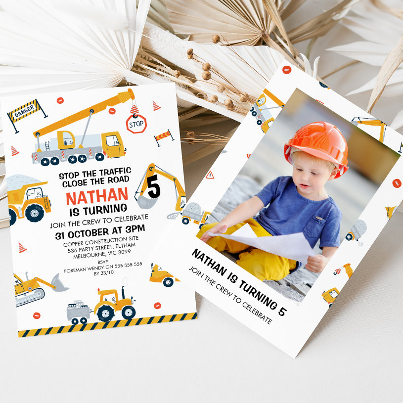 Photo Stop The Traffic Construction Birthday                    Invitation