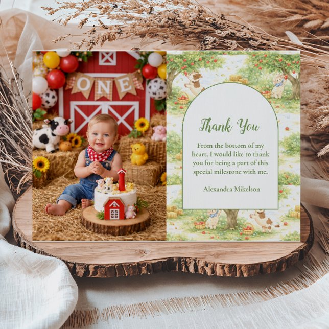 Photo Storybook Farm Animals First Birthday Thank You Card (Creator Uploaded)