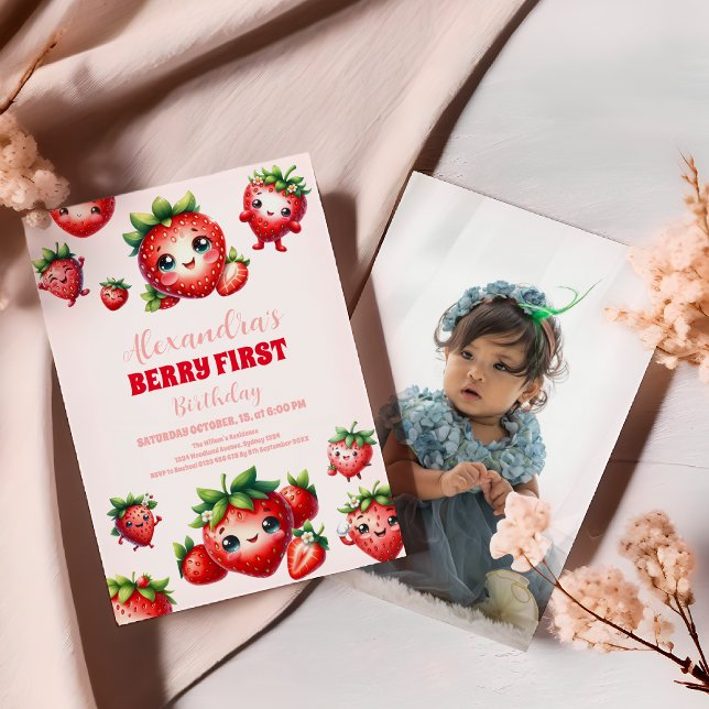 Photo Strawberry Berry First Birthday Invitation (Creator Uploaded)