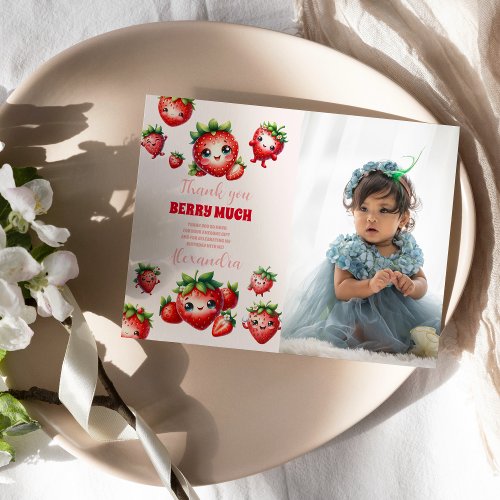 Photo Strawberry Berry First Birthday Thank You Card