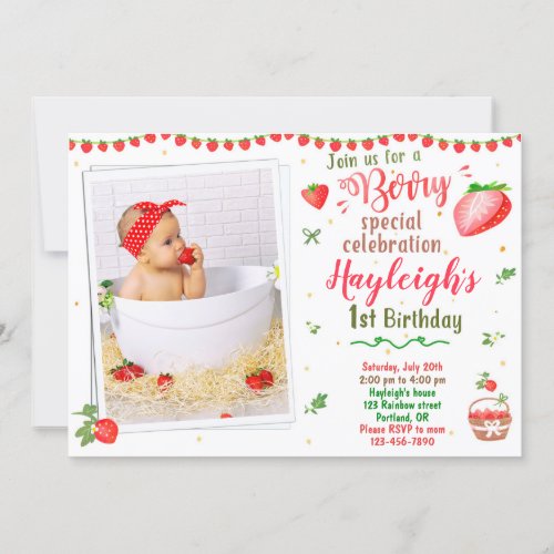 Photo Strawberry birthday invitation 1st birthday