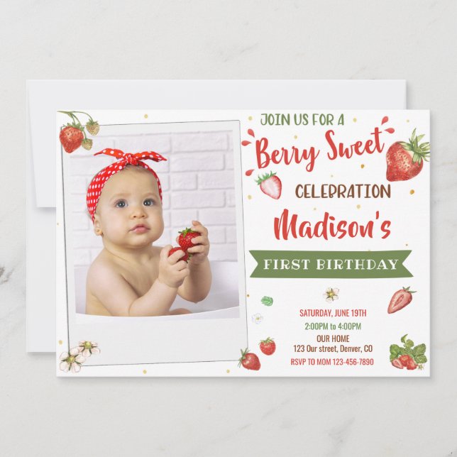 Photo Strawberry birthday invitation 1st birthday (Front)