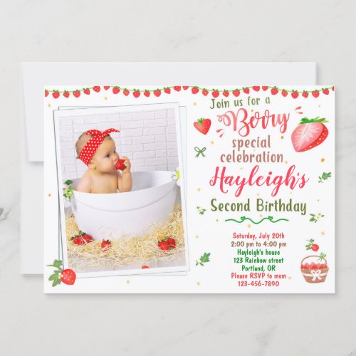 Photo Strawberry birthday invitation 2nd birthday