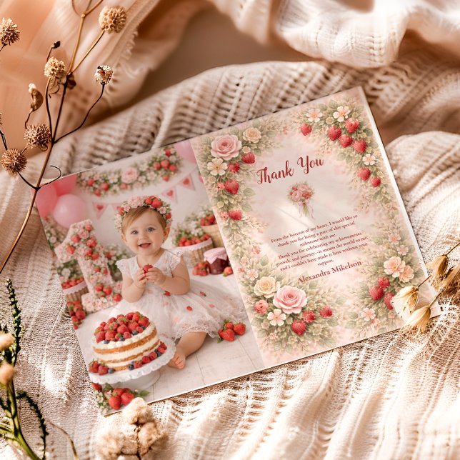 Photo Strawberry Garden Floral 1st Birthday Thank You Card (Creator Uploaded)