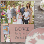 Photo Strip Collage Love Happiness Family Pink Jigsaw Puzzle<br><div class="desc">Custom Photo Puzzle with 6 of your own photos. The photo collage features 1 landscape picture plus 5 portrait photos, set out photo strip style. The design has lovely wording, especially as a gift for family, which reads .. love happiness family .. in trendy typewriter style and quirky typography. The...</div>