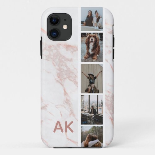 Photo Strip Pink Marble Personalized Initials iPhone 11 Case