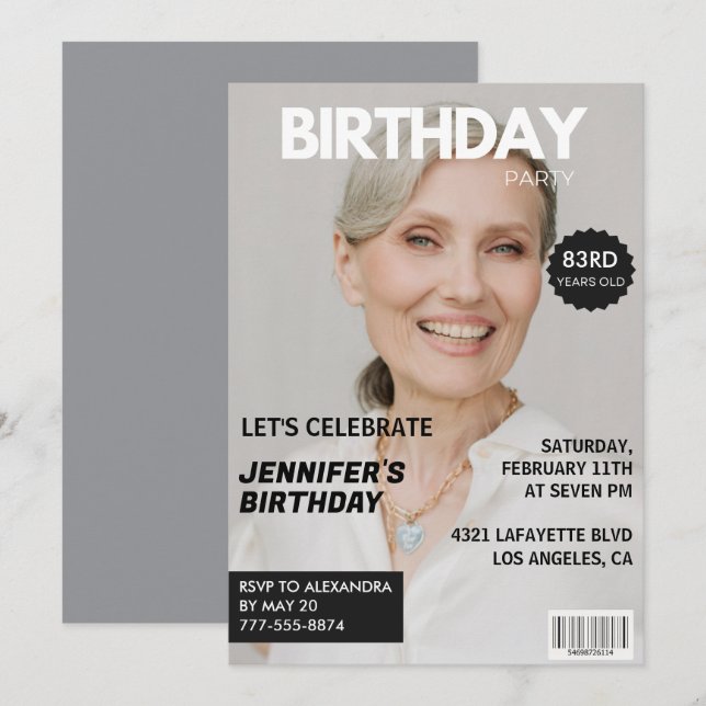 Photo Stylish Magazine Cover for her 83rd birthday Invitation (Front/Back)