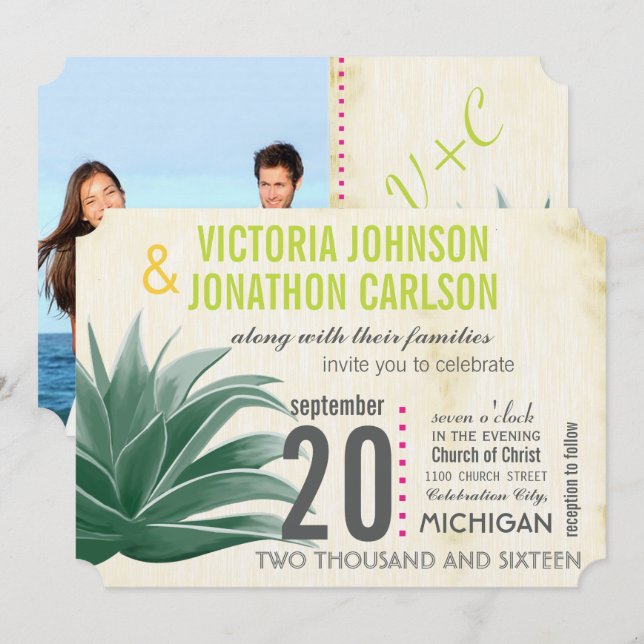 Photo Succulent Aloe Pink Lime Hydrangea Wedding Invitation (Front/Back)