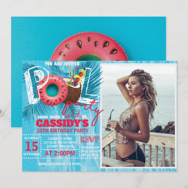 Photo Summer Pool Party Birthday Invitation (Front/Back)