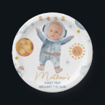 Photo Sun First Trip Around the Sun 1st Birthday Paper Plates<br><div class="desc">Photo Sun First Trip Around the Sun 1st Birthday Paper Plate Sweet outer space or first trip around the sun first birthday paper plate for a baby boy that features your little boy's photo in the space helmet. This first trip around the sun 1st birthday paper plate also features, a...</div>