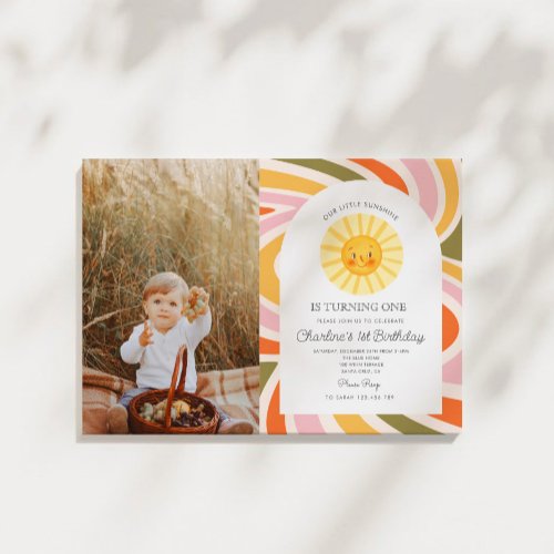 Photo Sun Rainbow Retro Boho Wavy 1st Birthday Invitation