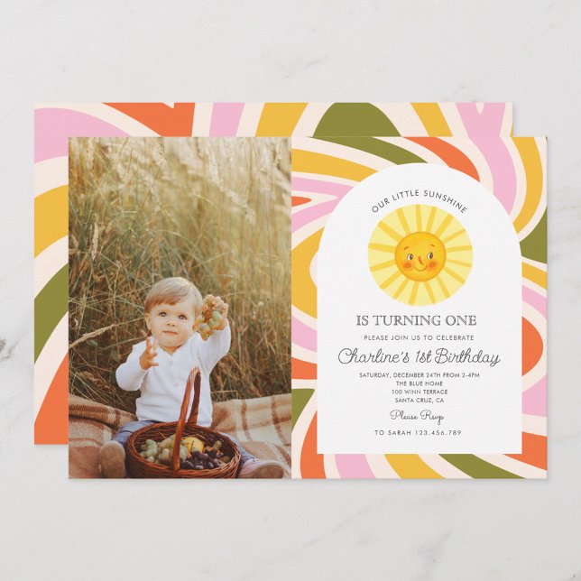 Photo Sun Rainbow Retro Boho Wavy 1st Birthday Invitation (Creator Uploaded)