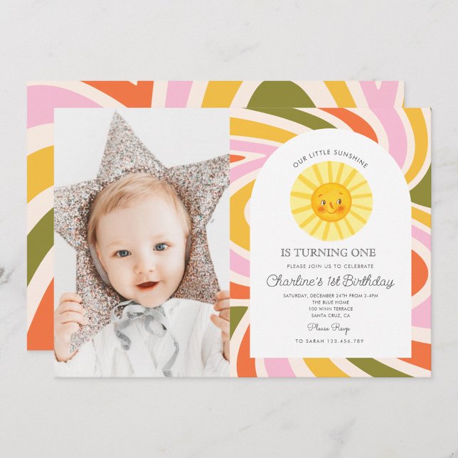Photo Sun Rainbow Retro Boho Wavy 1st Birthday Invitation (Creator Uploaded)