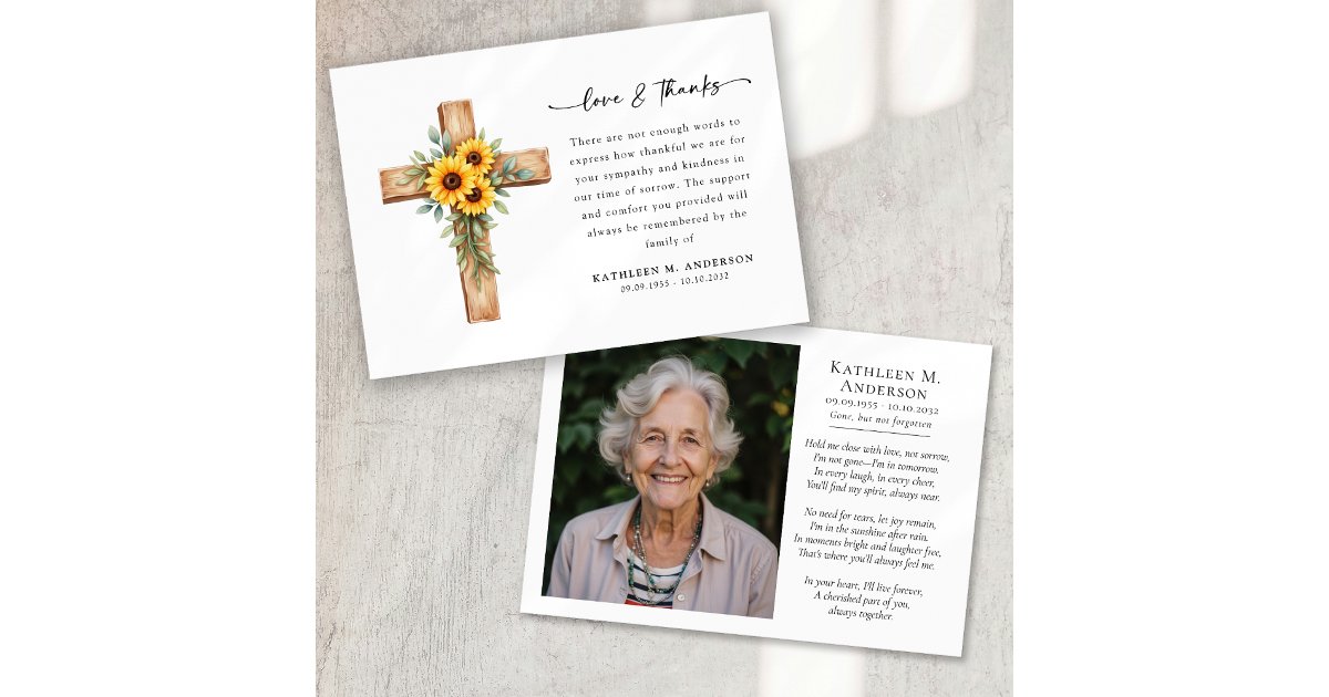 Photo Sunflower Cross Script Funeral Thank You Card | Zazzle