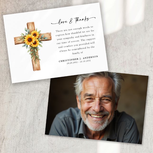Photo Sunflower Cross Script Funeral Thank You Card (Creator Uploaded)