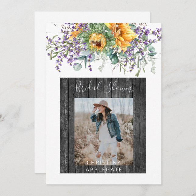 Photo Sunflower Lavender Rustic Bridal Shower  Invitation (Front/Back)