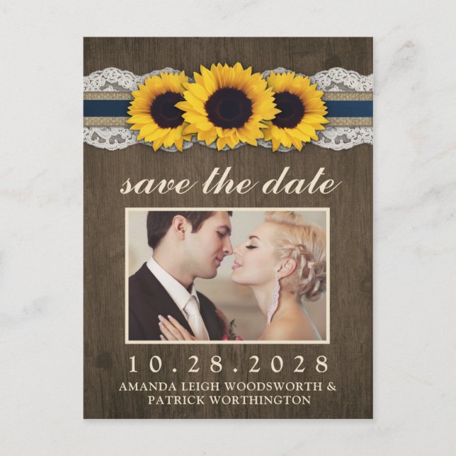 Photo Sunflower Rustic Blue Burlap Save The Date Announcement Postcard (Front)