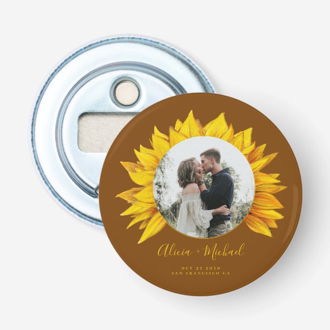 Photo sunflower rustic wedding favor bottle opener (Front)
