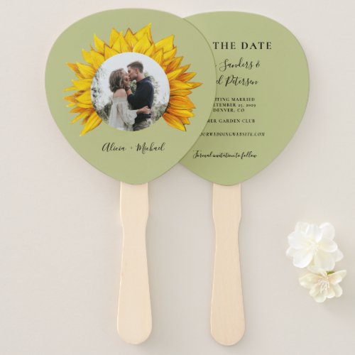 Photo sunflower rustic wedding save the date hand fan