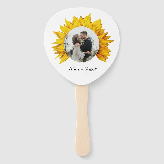 Photo sunflower rustic wedding save the date hand fan (Front)