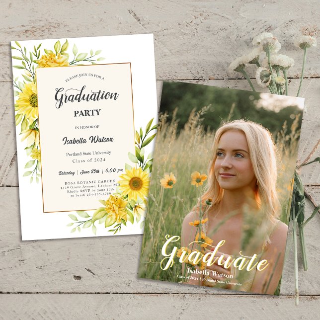 Photo Sunflower Script Graduation Party Invitation (Photo Sunflower Script Graduation Party Invitation)