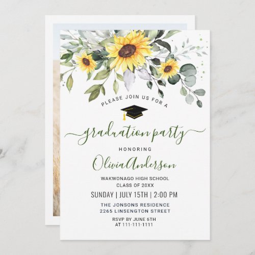 PHOTO Sunflowers Eucalyptus Graduation Party Invitation