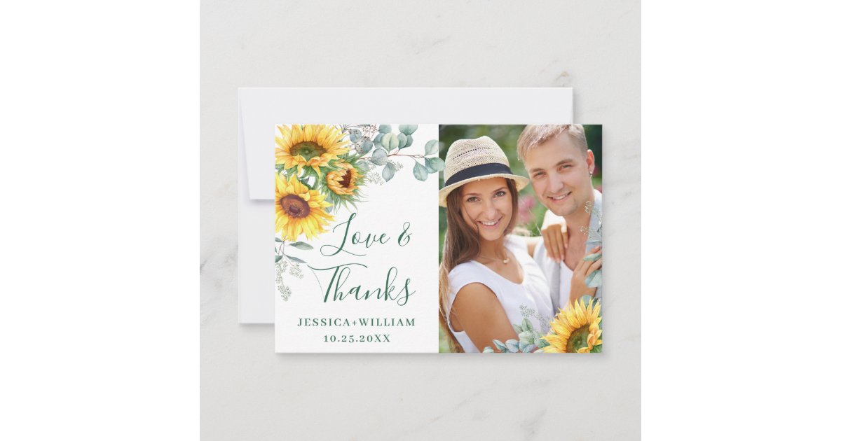 PHOTO Sunflowers Eucalyptus Rustic Wedding Thank You Card | Zazzle