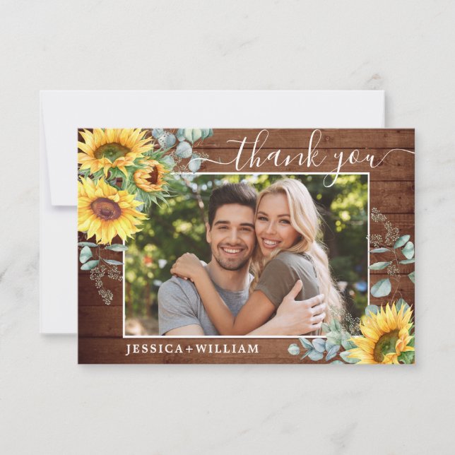 PHOTO Sunflowers Eucalyptus Wedding Rustic Thank You Card (Front)