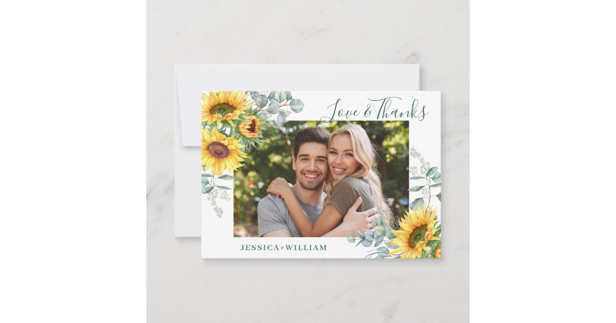 PHOTO Sunflowers Eucalyptus Wedding Rustic Thank You Card | Zazzle