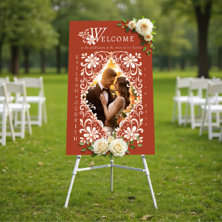 Photo Sunset Red Rust Chic Wedding Welcome Sign