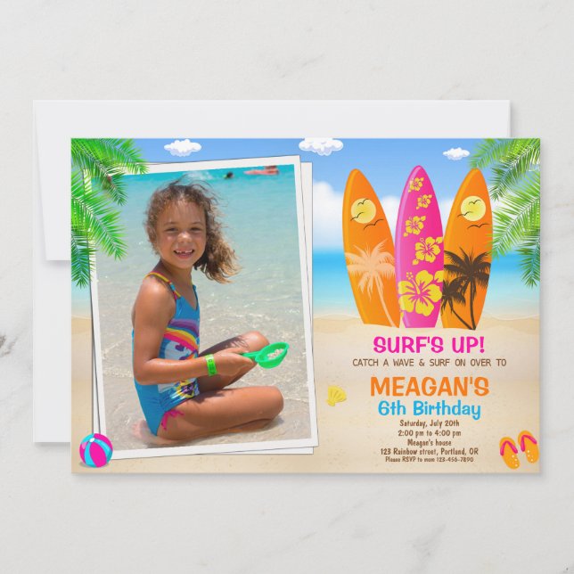 Photo Surfing birthday invitation Surfs up party (Front)