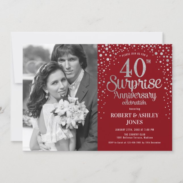 Photo Surprise 40th Anniversary - Ruby Red Silver Invitation (Front)