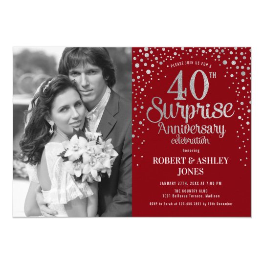 Photo Surprise 40th Anniversary - Ruby Red Silver Invitation | Zazzle.com