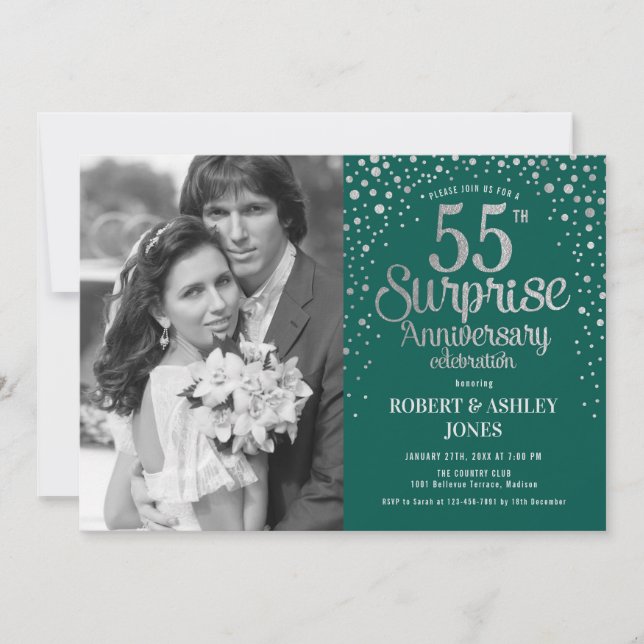 Photo Surprise 55th Anniversary - Green Silver Invitation (Front)