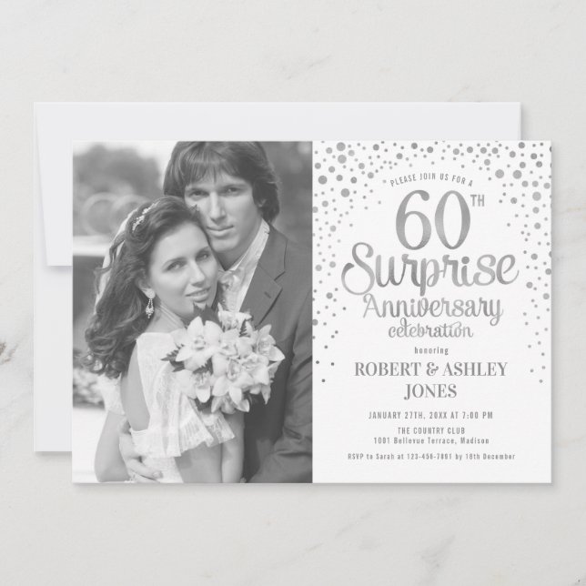 Photo Surprise 60th Anniversary - White Silver Invitation (Front)