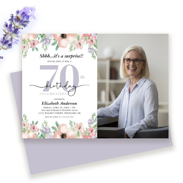 Photo Surprise 70th Birthday Party Elegant Floral Invitation (Creator Uploaded)