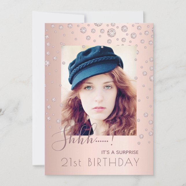 Photo Surprise Birthday rose gold pink diamonds Invitation (Front)