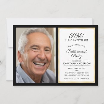 Photo Surprise Retirement Party | Black And Gold Invitation by daisylin712 at Zazzle