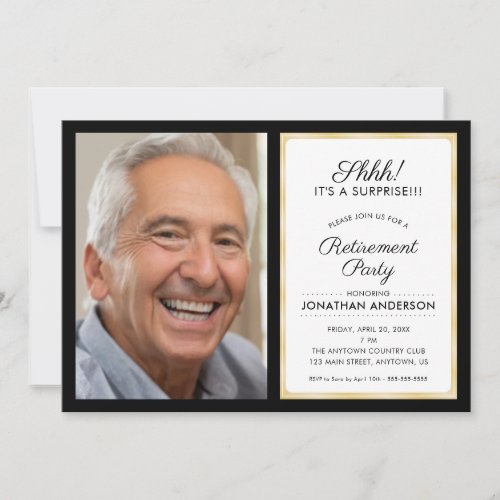Photo Surprise Retirement Party  Black and Gold Invitation