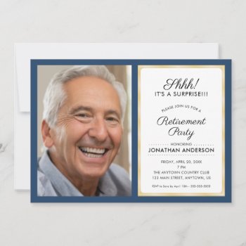 Photo Surprise Retirement Party | Blue And Gold Invitation by daisylin712 at Zazzle