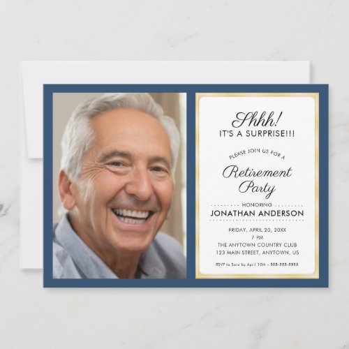 Photo Surprise Retirement Party  Blue and Gold Invitation